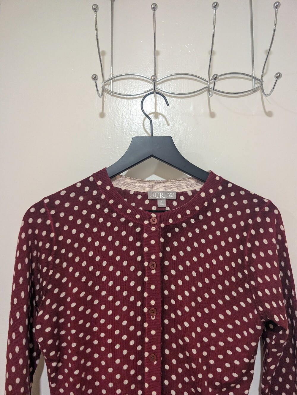 JCrew NWOT Burgundy Carolyn Cardigan In Polka-Dot Merino Wool - Picture 5 of 15